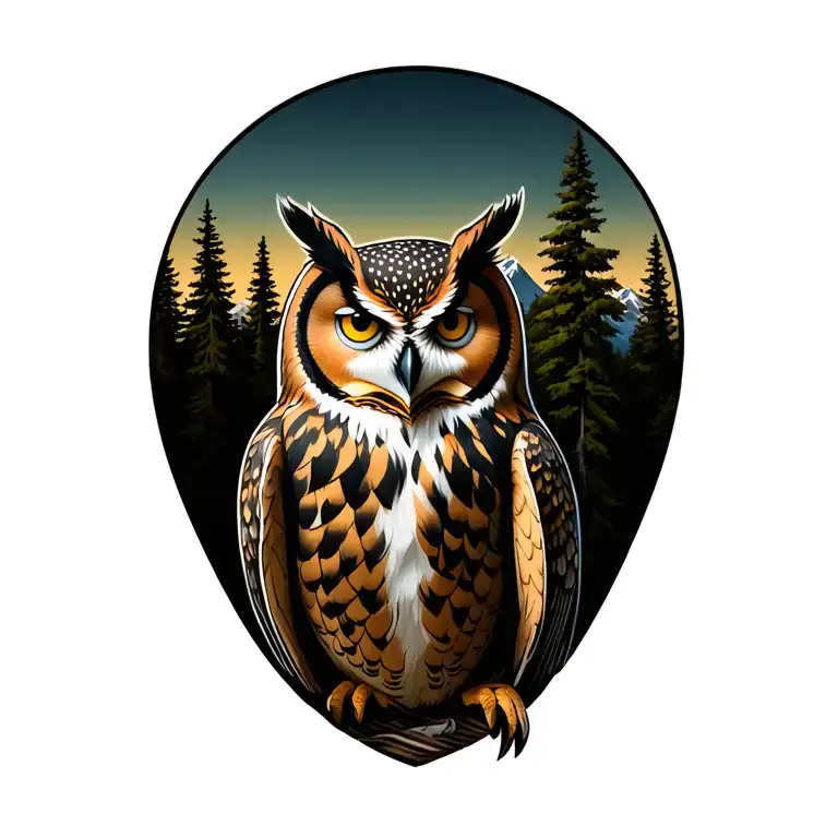 Owl, mountain, dog, trees tattoo design idea