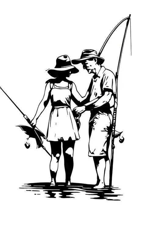 gone fishing granddaughter and grandfather shadow tattoo design idea