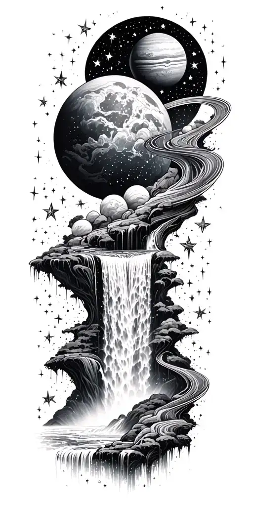 a waterfall of stars and planets tattoo design idea