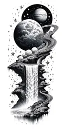 a waterfall of stars and planets tattoo design idea