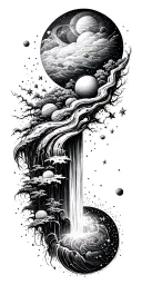 a waterfall of stars and planets tattoo design idea