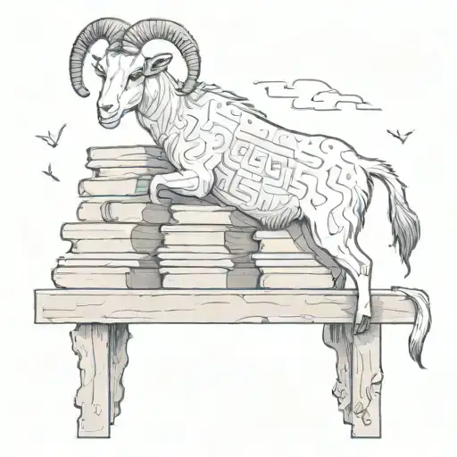 A sketch style tattoo of a goat standing on a pile of forbidden texts tattoo design idea
