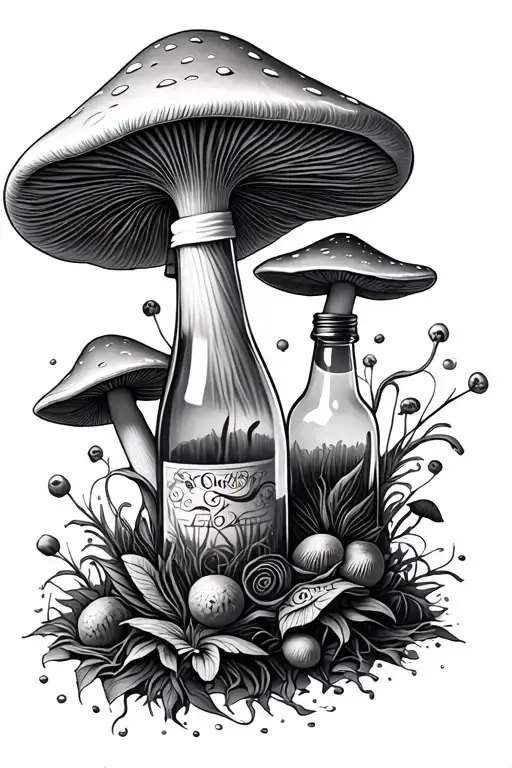 trippy mushrooms & postion bottles capturing the client's passion tattoo design idea