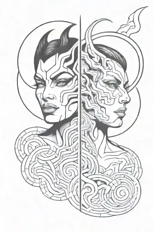 Gemini split personality half angle face and half demon face tattoo design idea