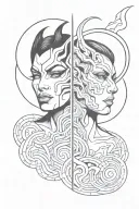 Gemini split personality half angle face and half demon face tattoo design idea