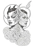 Gemini split personality half angle face and half demon face tattoo design idea