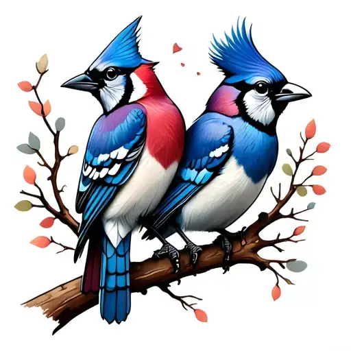 Bluejay and cardinal on a branch wrapped tattoo design idea