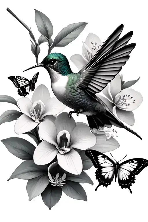 one hummingbird, cherry blossoms, Cattleya orchids, and three butterflies in a black & grey realism style with fine line tattoo design idea