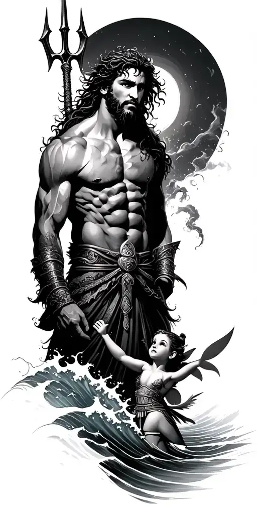 poseidon with trident on water waves with samurai warrior and little tinkerbell tattoo design idea