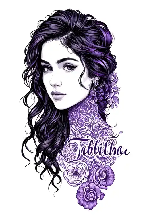 moms name tabitha on neck with purple and in a unique and different font tattoo design idea