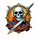 shy skeleton with dagger and portal around him tattoo design idea