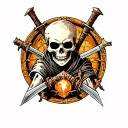 shy skeleton with dagger and portal around him tattoo design idea