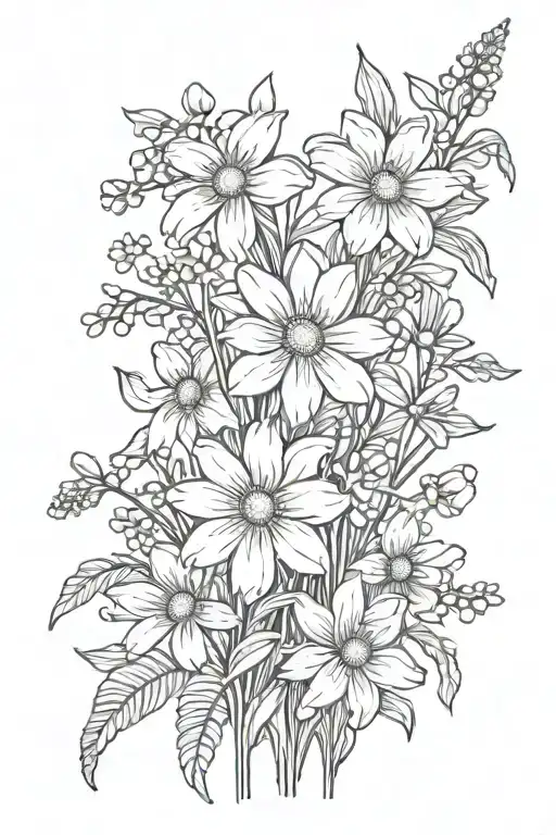 daisies and daffodils with sprinkling of cherry blossoms, snow drops, violets, greenery, stems tattoo design idea