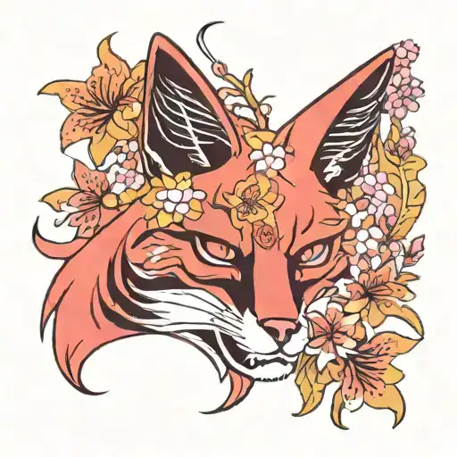 side profile kitsune mask cherry blossoms red spider lily and a Japanese kanji of the fox tattoo design idea