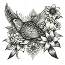 turtle dove / palm cross / gerbera daisies / Alstroemeria Lilies / Matthiola Incanna tattoo design idea