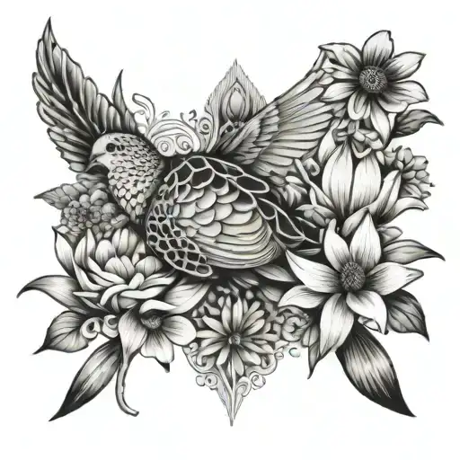 turtle dove / palm cross / gerbera daisies / Alstroemeria Lilies / Matthiola Incanna tattoo design idea