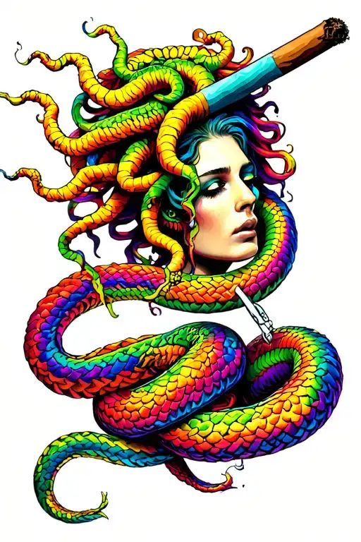 Medusa smoking a blunt with rainbow colored snakes  tattoo design idea