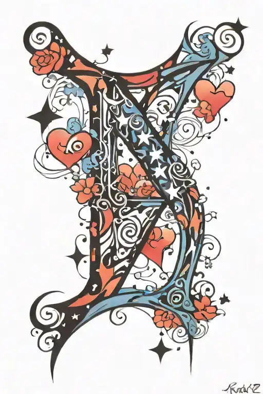 the letter k & r with hearts and stars tattoo design idea