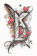the letter k & r with hearts and stars tattoo design idea