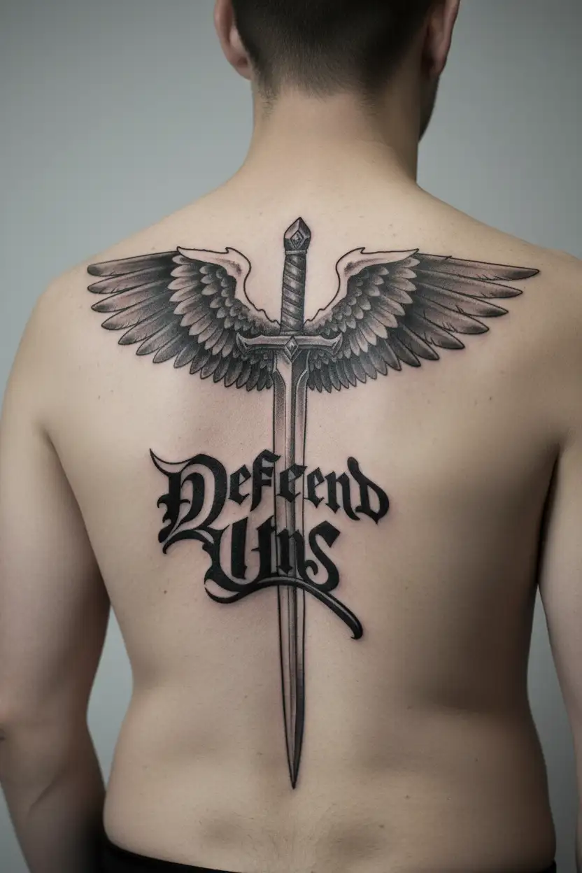 "Defend Us" St. Michael the Archangel sword with wings behind it tattoo design idea