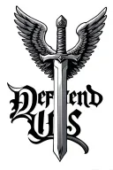"Defend Us" St. Michael the Archangel sword with wings behind it tattoo design idea