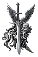 "Defend Us" St. Michael the Archangel sword with wings behind it tattoo design idea