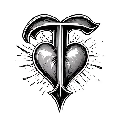 letter T in calligraphy with a heart tattoo design idea