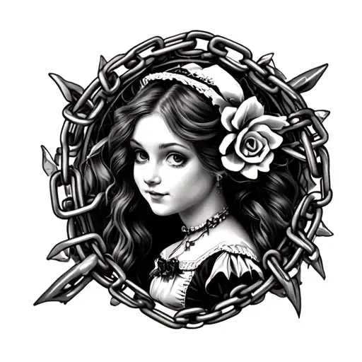  Can you draw me a picture of Alice from Alice in wonderland in chains for a tattoo Gangster gothic semi realistic tattoo design idea