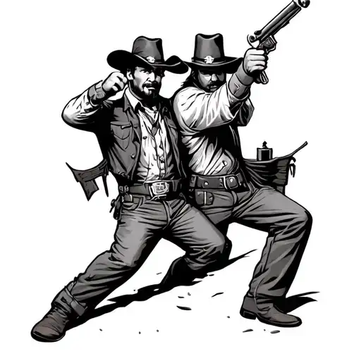 western ghost town with a sheriff and outlaw having a duel in the street tattoo design idea