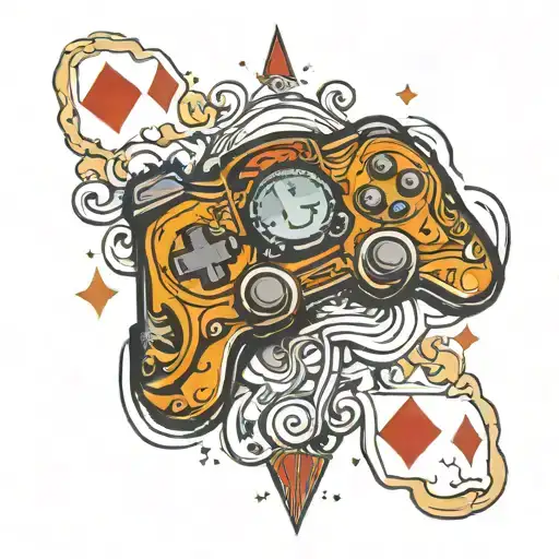 A traditional style tattoo of a gaming controller morphing into a deck of Magic the Gathering cards tattoo design idea