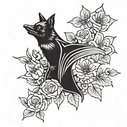 brown fruit bat and black flying bat with flowers in between for filler tattoo design idea