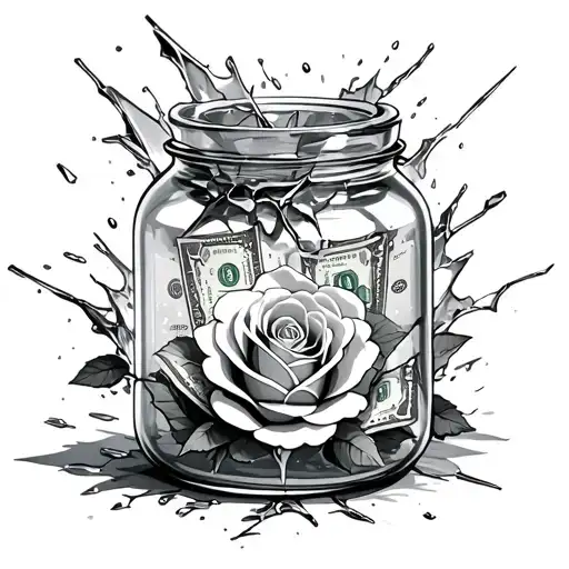 Beauty and beast money rose in breaking glass jar tattoo design idea