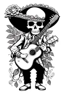 sad skeleton mariachi playing guitar holding rose tattoo design idea
