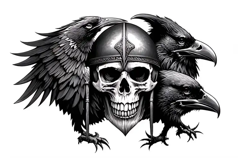 Viking warrior skull in helmet with ravens Huginn and Muninn tattoo design idea
