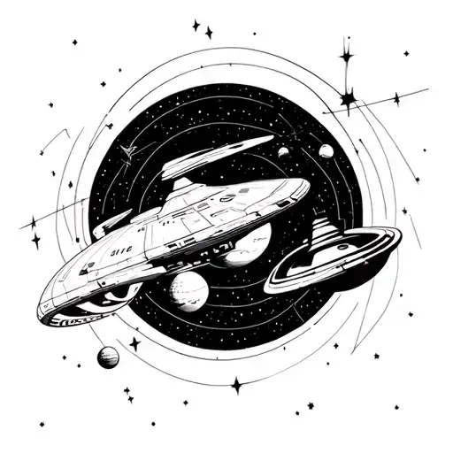 Star Trek Enterprise NCC 1701 D outline with geometric lines and stars surrounding it, in a line with planets  tattoo design idea