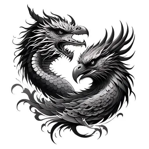 Asian dragon & eagle face to face entwined  tattoo design idea