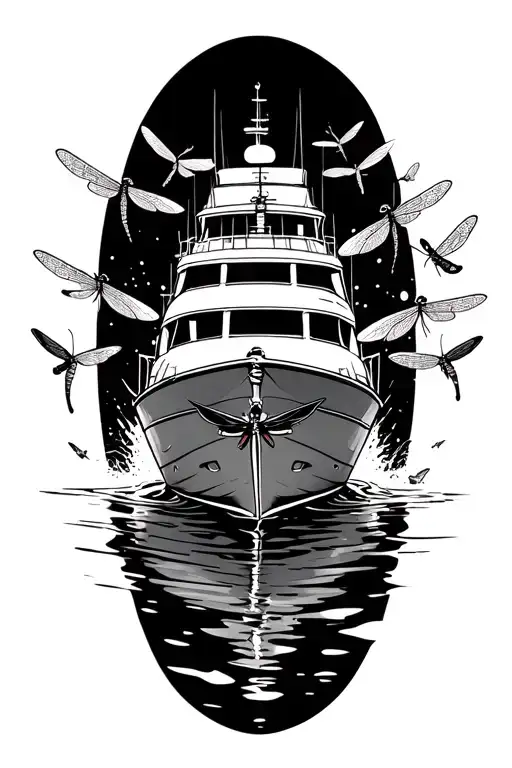 A sport boat in water , with dragonflies flying all around. tattoo design idea