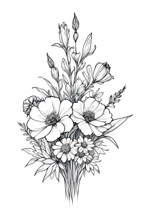 carnation, violet, gladiolus and marigold flower bouquet  tattoo design idea