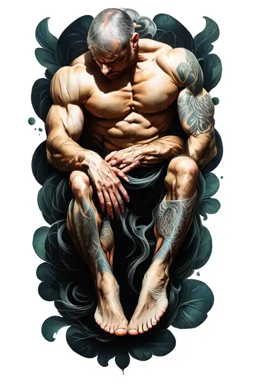 Create a micro-realistic tattoo with very pronounced, large muscles floating in the air, touching overlapping feet, arms tattoo design idea