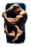 Create a micro-realistic tattoo with very pronounced, large muscles floating in the air, touching overlapping feet, arms tattoo design idea