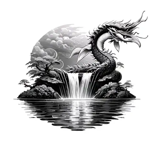 koi fish swims up a waterfall and turns into a dragon upon reaching the top tattoo design idea