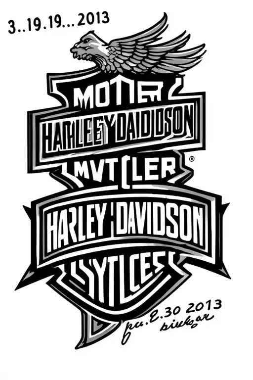 "3.19.1960-6.3.2013" memorial tattoo, incorporate the Harley Davidson logo on forearm. no people in design. tattoo design idea