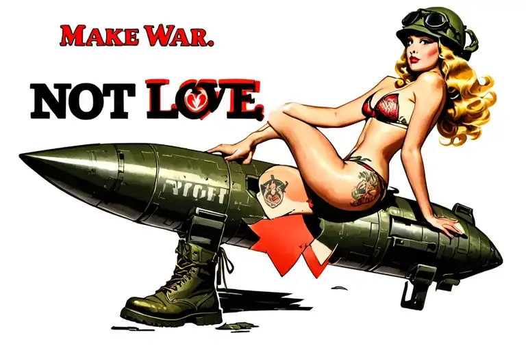 "MAKE WAR. NOT LOVE" 1940's pinup modest sitting on WWII missile, vintage bikini, combat boots, army helmet with goggles, blonde windblown tattoo design idea