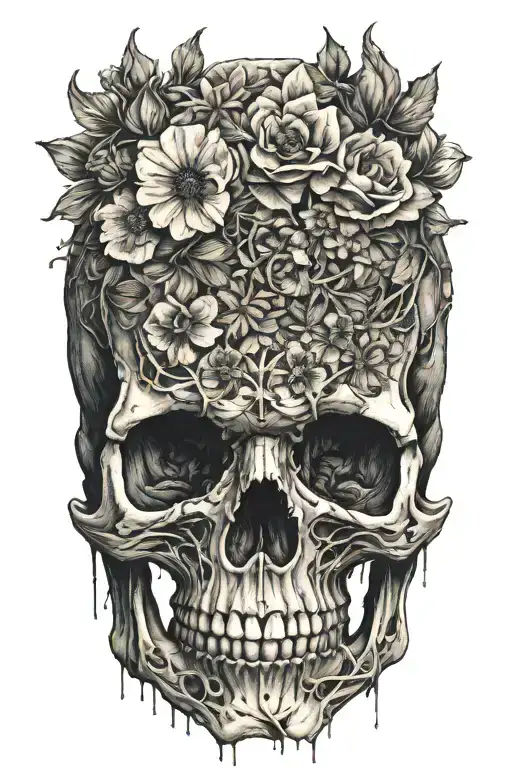 flowers growing out of a decaying skull symetrical more flowers tattoo design idea