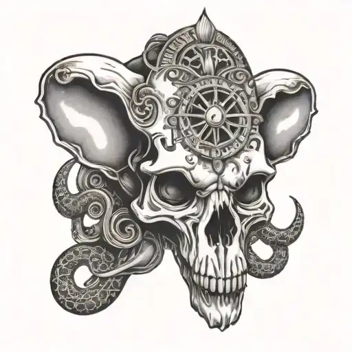 elephant Skull with an all seeing eye money and snakes  tattoo design idea