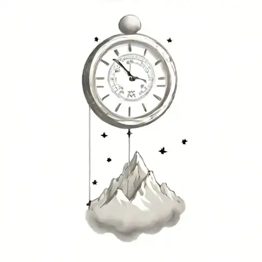 Deep sky, stars, ocean depth, mount everest landscape, clock showing time 22:44, "444" number combination tattoo design idea