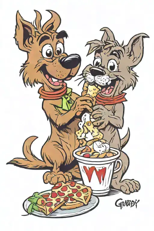 Scooby Doo eating a tub of ice cream with Gizmo (from gremlins) eating a slice of pizza together tattoo design idea