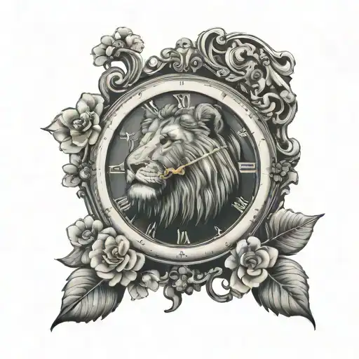 large clock with a 4 leaf clover and a lion tattoo design idea