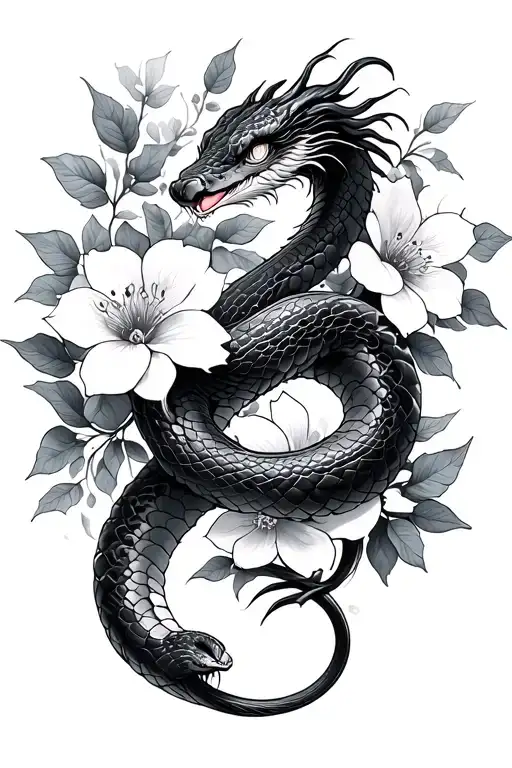 chinese snake with flowers intertwined tattoo design idea