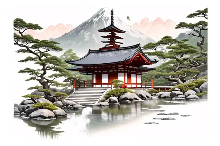 japanese temple, zen garden, mountain scene tattoo design idea